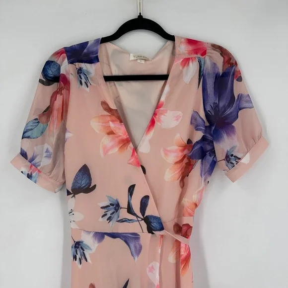 Yumi Kim Wrap Maxi Dress Women S Pink Floral Short Sleeve Wedding Guest Romantic - Picture 4 of 12